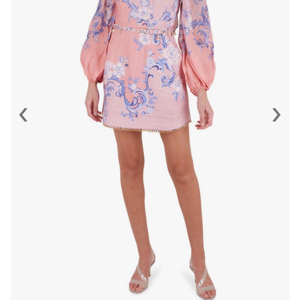 Zimmermann Pink and Purple Floral Mini Dress with Balloon Sleeves and Shell Belt